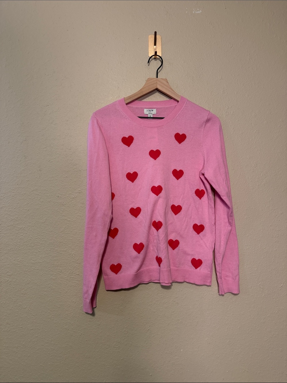 J.Crew‎ Teddie Pink Red Heart Intarsia Cotton Crewneck Sweater Size Medium NWT - Picture 3 of 8